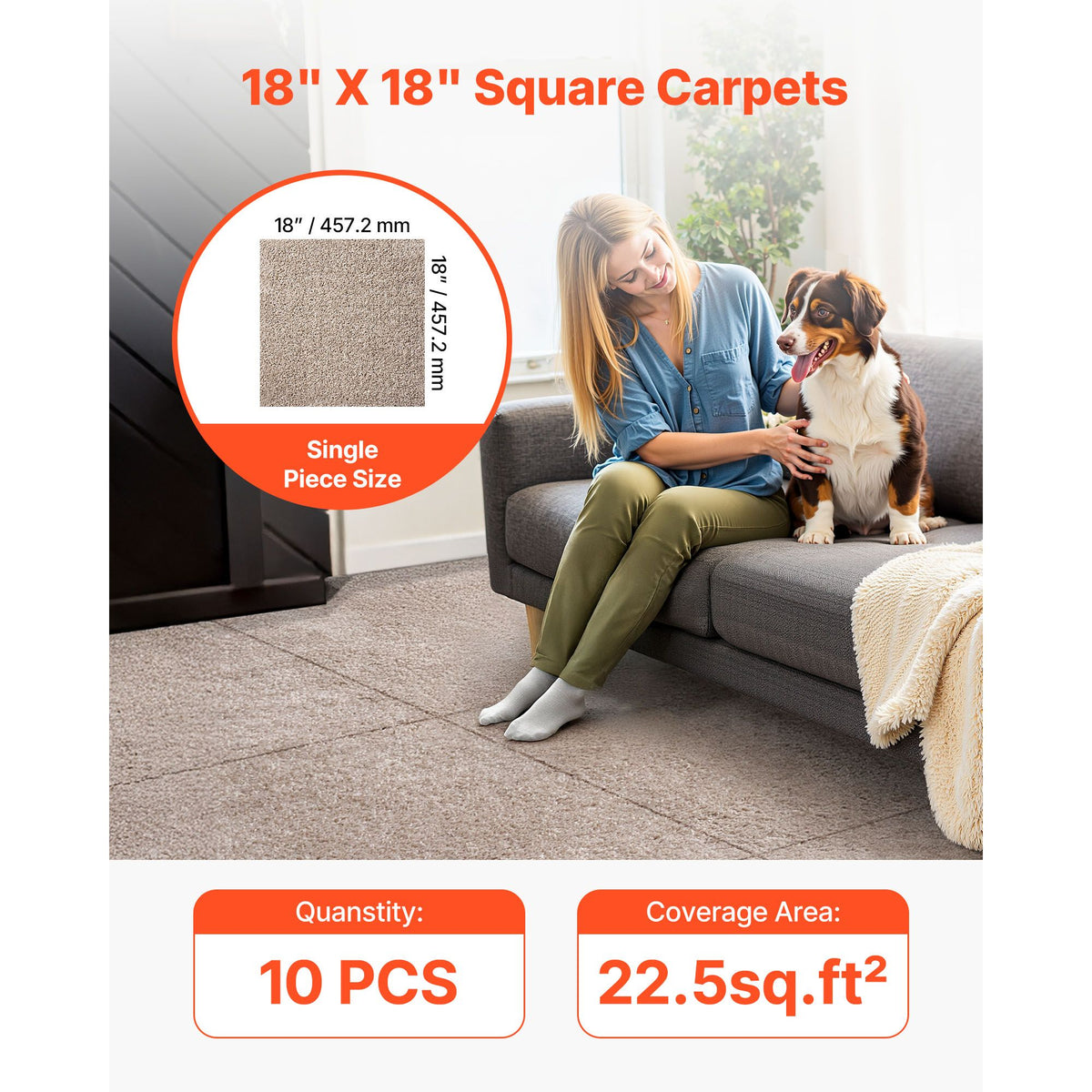 Carpet Tiles 457x457 mm, 10 Pack Carpet Square Rug Detachable & Damage-free, Self Adhesive Home Floor Soft Plush Padded for 2.1㎡ Coverage, Easy DIY for Living Room & Bedroom, Light Brown