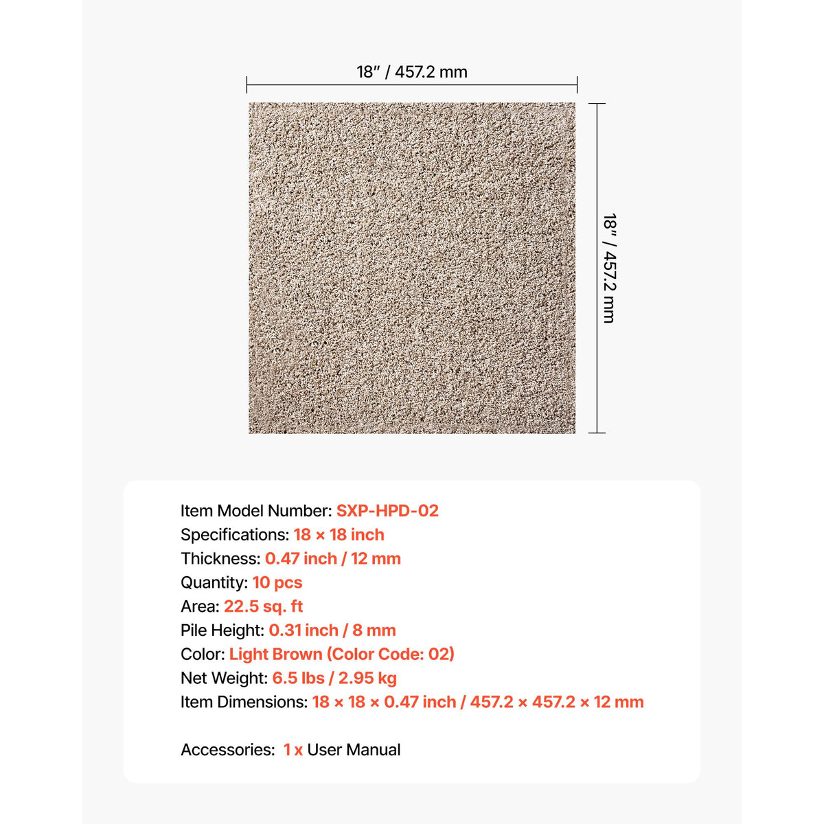 Carpet Tiles 457x457 mm, 10 Pack Carpet Square Rug Detachable & Damage-free, Self Adhesive Home Floor Soft Plush Padded for 2.1㎡ Coverage, Easy DIY for Living Room & Bedroom, Light Brown