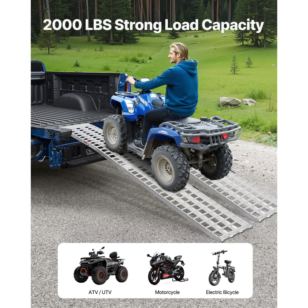 Aluminum Ramps, 2000 lbs, 2Pcs Heavy-duty Ramps with Wider Ramp Surface, Universal Stable Loading Ramp with Handles, Fit for ATV, UTV, Motorcycle, Electric Bicycle, etc.