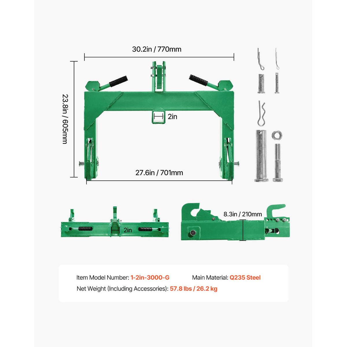 3-Point Quick Hitch with 2 in Receiver, 3000 Lbs Lift Capacity, 3-Pt Hitch with 5 Level Adjustable Bolt, Adaptation to Category 1 & 2 Tractor, Heavy Duty 3 Point Attachments, Green