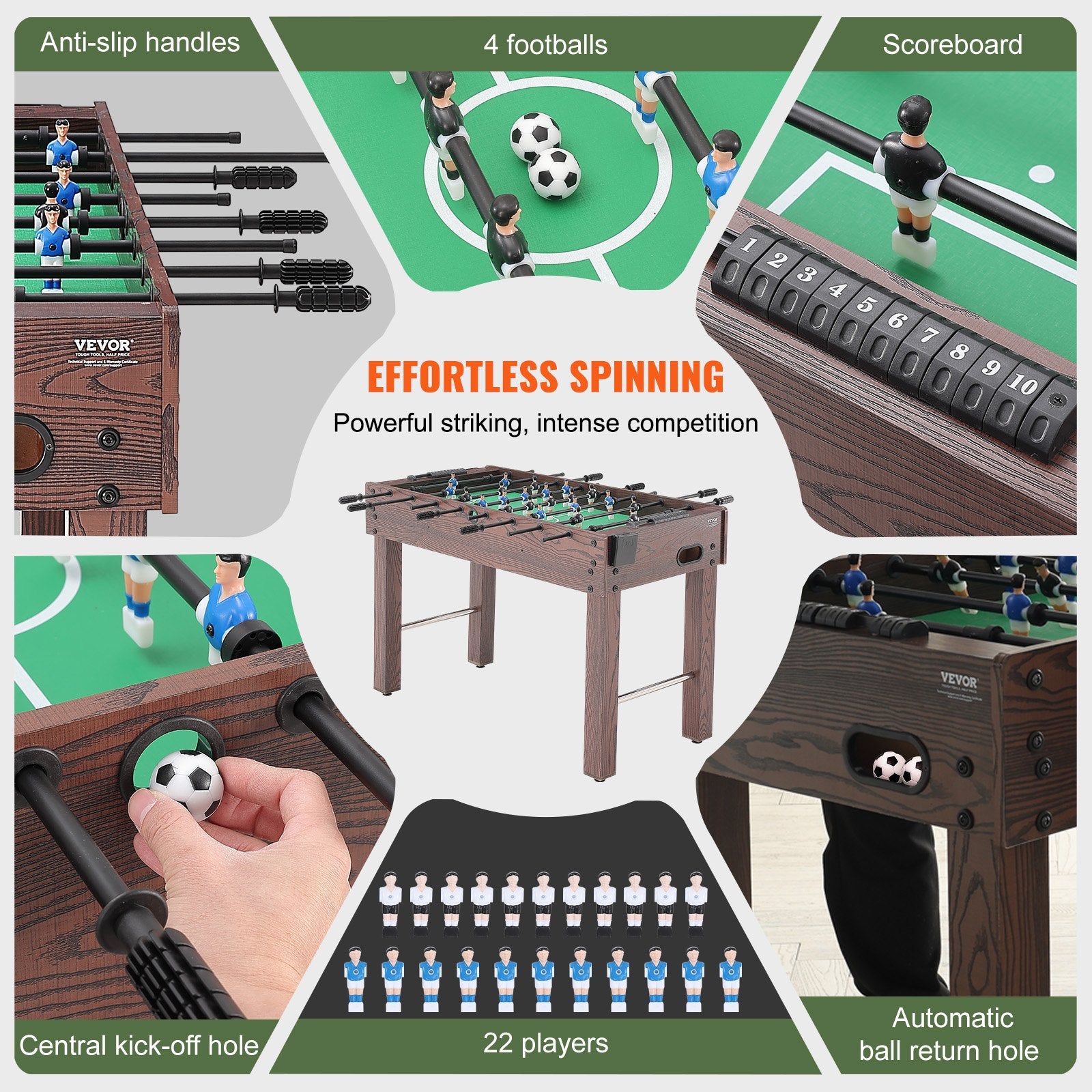 Foosball Table, 48 inch Standard Size Foosball Table, Indoor Full Size Foosball Table for Home, Family, and Game Room, Soccer with Foosball Table Set, Includes 2 Balls and 2 Cup Holders