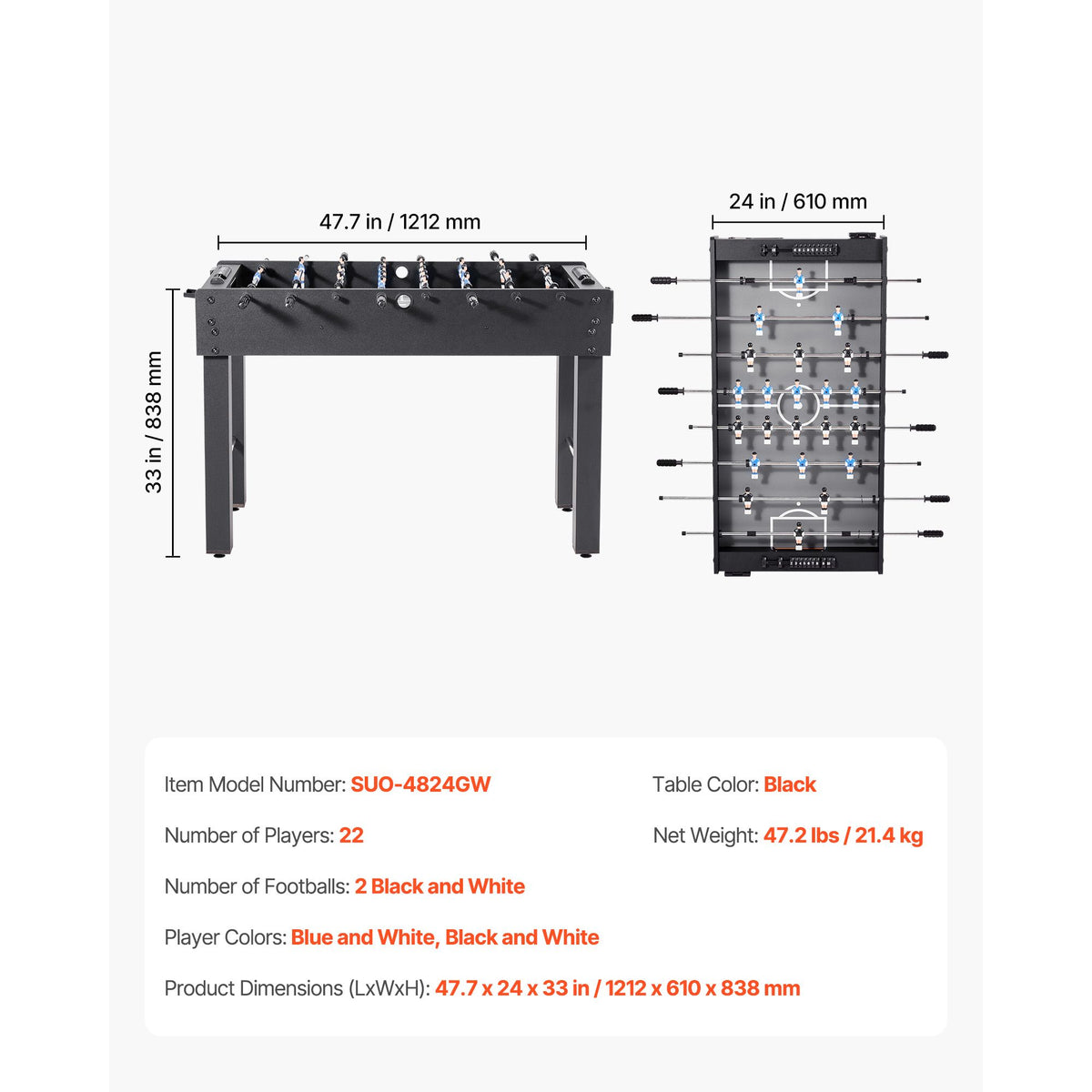 Foosball Table, 121 cm Standard Size Table, Indoor Full Size Foosball Tables for Home, Family, and Game Room, Durable Soccer Set, Includes 2 Balls, Score Keeper, and 2 Cup Holders