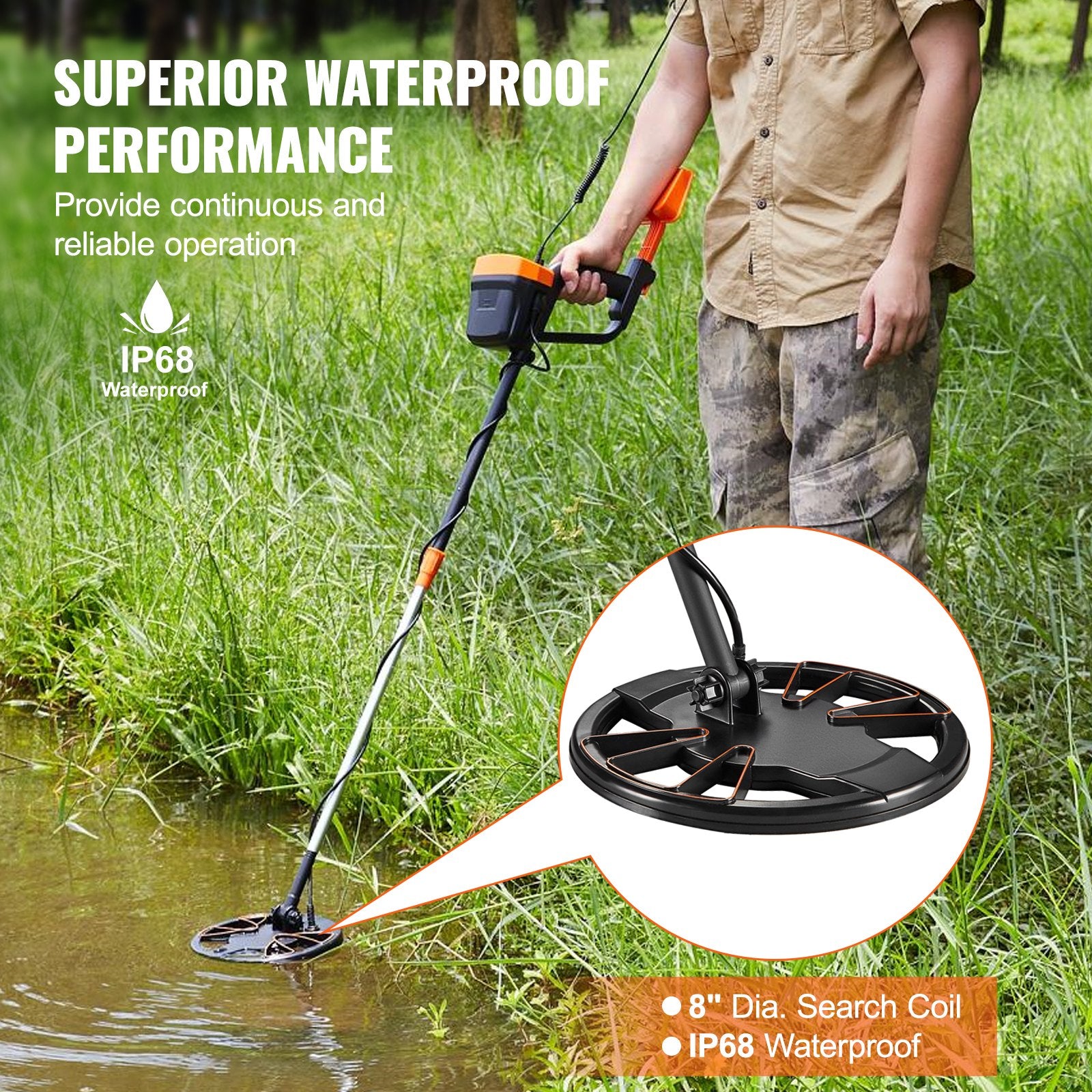 Metal Detector for Adults & Kids, 8", Professional Adjustable Higher Accuracy Gold Detector, IP68 Waterproof Coil with LCD Display Advanced DSP Chip, for Detecting Gold Coin Treasure Hunting