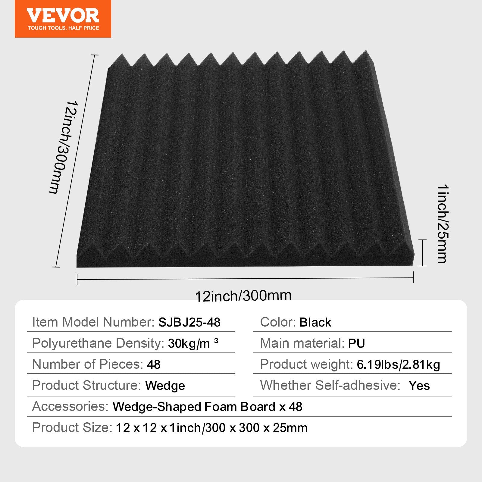 Audio Accessories: VEVOR Acoustic Foam Panels 48 Pack 12 x 12 x 1 in Adhesive for Wall Ceiling