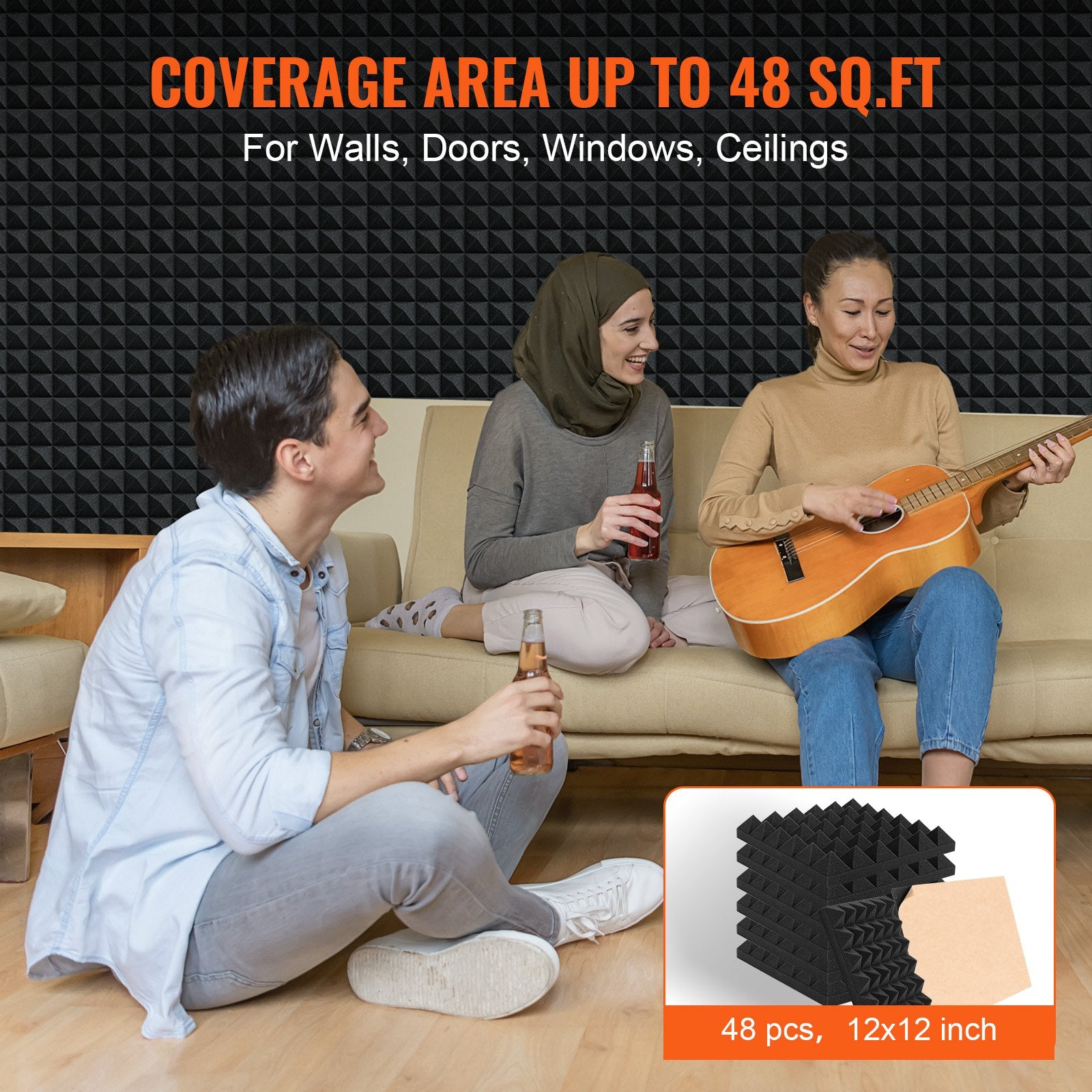 Audio Accessories: VEVOR Acoustic Foam Panels 48 Pack 12 x 12 x 2 in Adhesive for Wall Ceiling