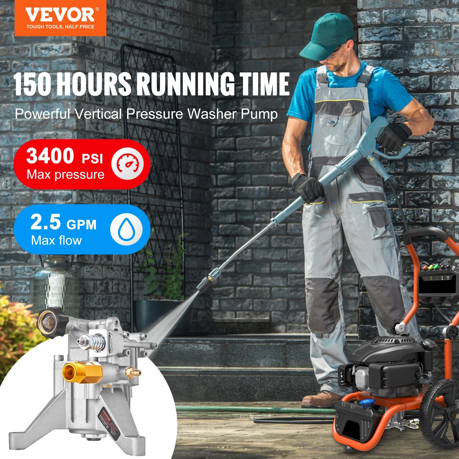 Pressure Washer Pump, 22 mm Shaft Vertical, 3400 PSI, 2.5 GPM, Replacement Power Washer Pumps Kit, Parts Washer Pump, Compatible with Honda, Simpson, RYOBI, Briggs & Stratton, Subaru, Craftsman