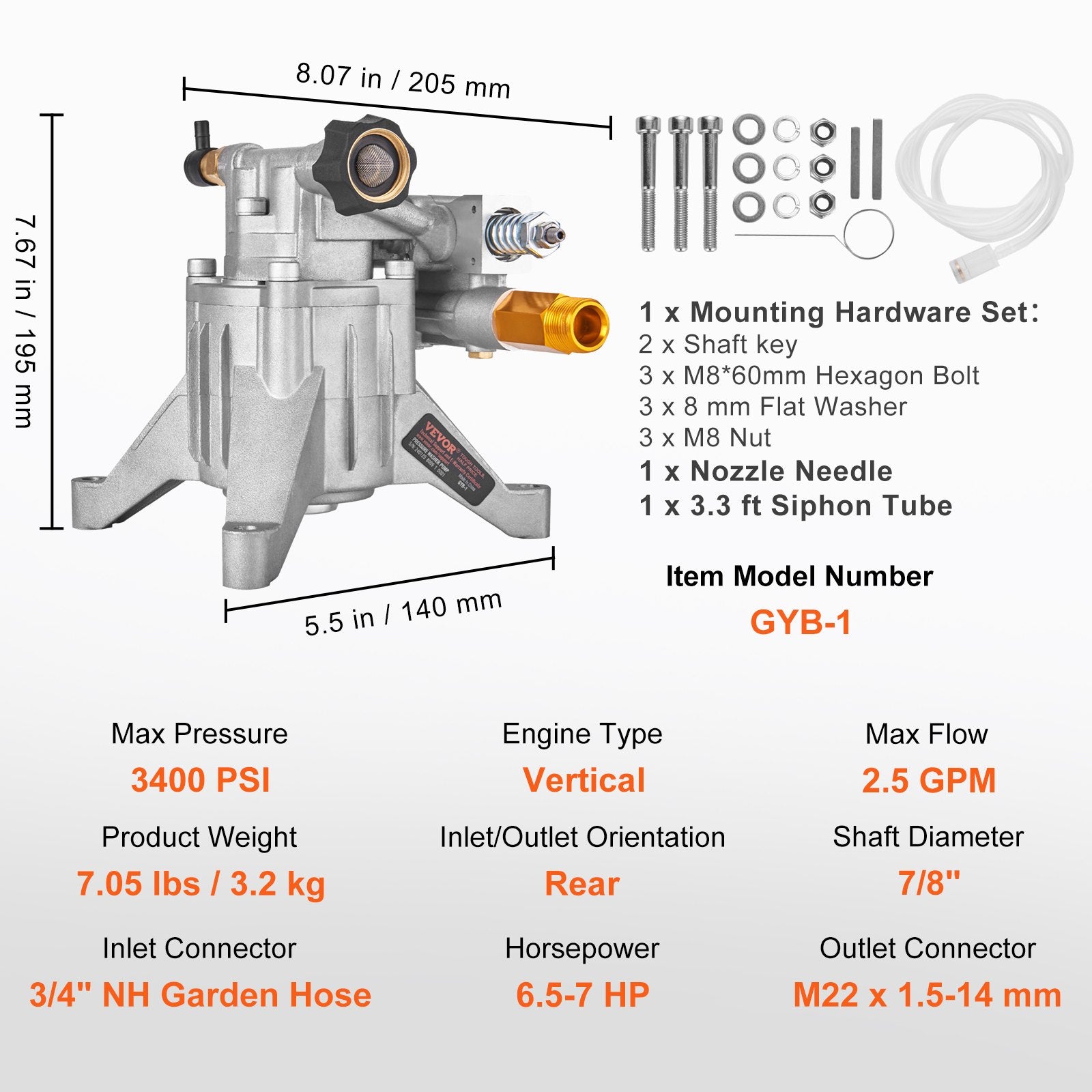 Pressure Washer Pump, 22 mm Shaft Vertical, 3400 PSI, 2.5 GPM, Replacement Power Washer Pumps Kit, Parts Washer Pump, Compatible with Honda, Simpson, RYOBI, Briggs & Stratton, Subaru, Craftsman