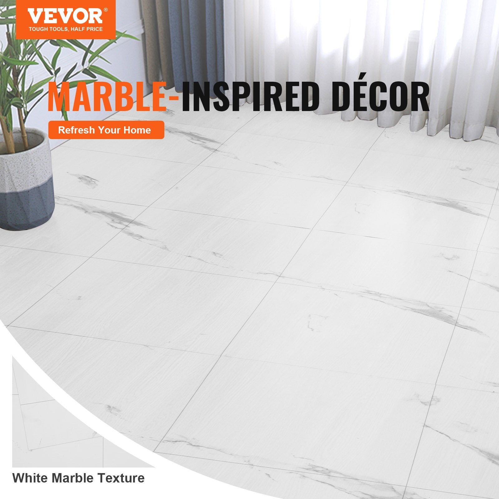 Flooring: VEVOR Self Adhesive Vinyl Floor Tiles 390 x 23.6 inch, 1.5mm Thick Peel & Stick, White Marble Texture DIY Flooring for Kitchen, Dining Room, Bedrooms & Bathrooms, Easy for Home Decor