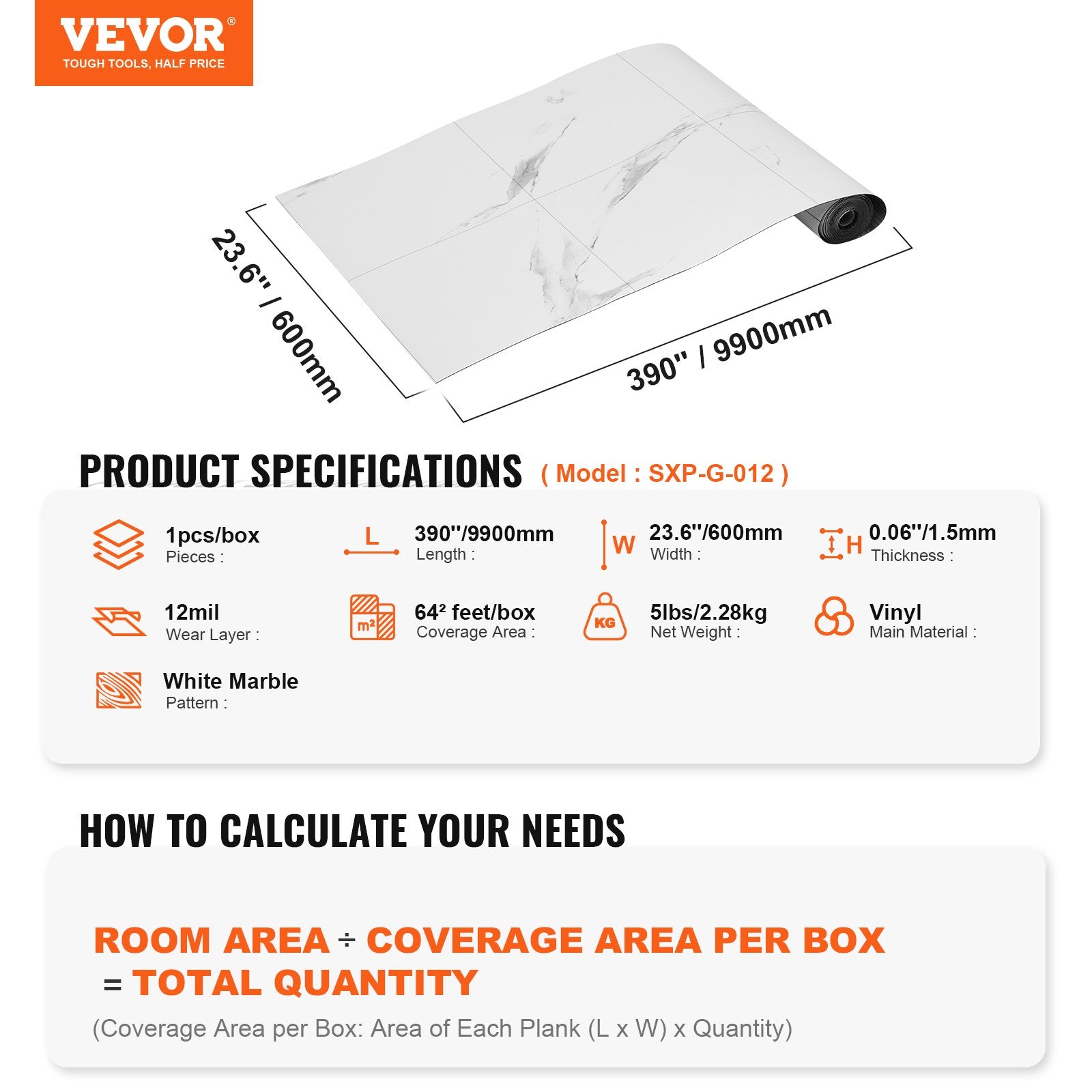 Flooring: VEVOR Self Adhesive Vinyl Floor Tiles 390 x 23.6 inch, 1.5mm Thick Peel & Stick, White Marble Texture DIY Flooring for Kitchen, Dining Room, Bedrooms & Bathrooms, Easy for Home Decor