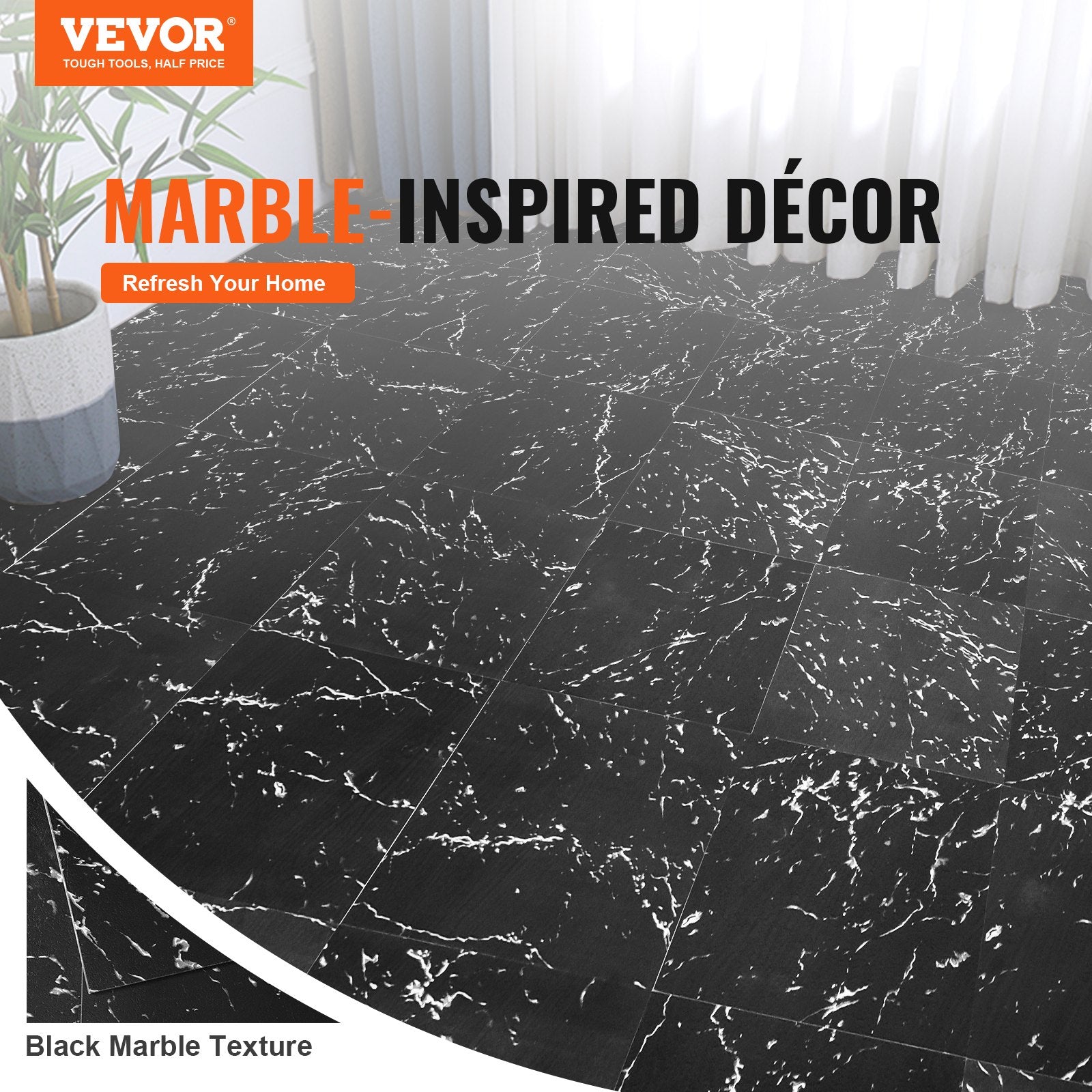 Flooring: VEVOR Self Adhesive Vinyl Floor Tiles 12 x 12 inch, 50 Tiles 1.5mm Thick Peel & Stick, Black Marble Texture DIY Flooring for Kitchen, Dining Room, Bedrooms & Bathrooms, Easy for Home Decor