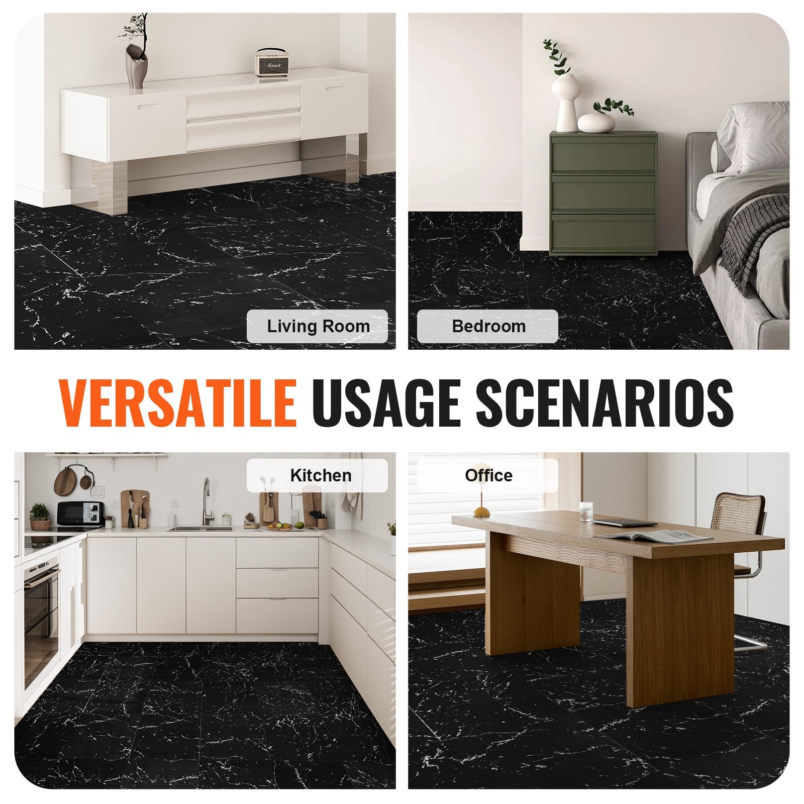 Flooring: VEVOR Self Adhesive Vinyl Floor Tiles 12 x 12 inch, 50 Tiles 1.5mm Thick Peel & Stick, Black Marble Texture DIY Flooring for Kitchen, Dining Room, Bedrooms & Bathrooms, Easy for Home Decor