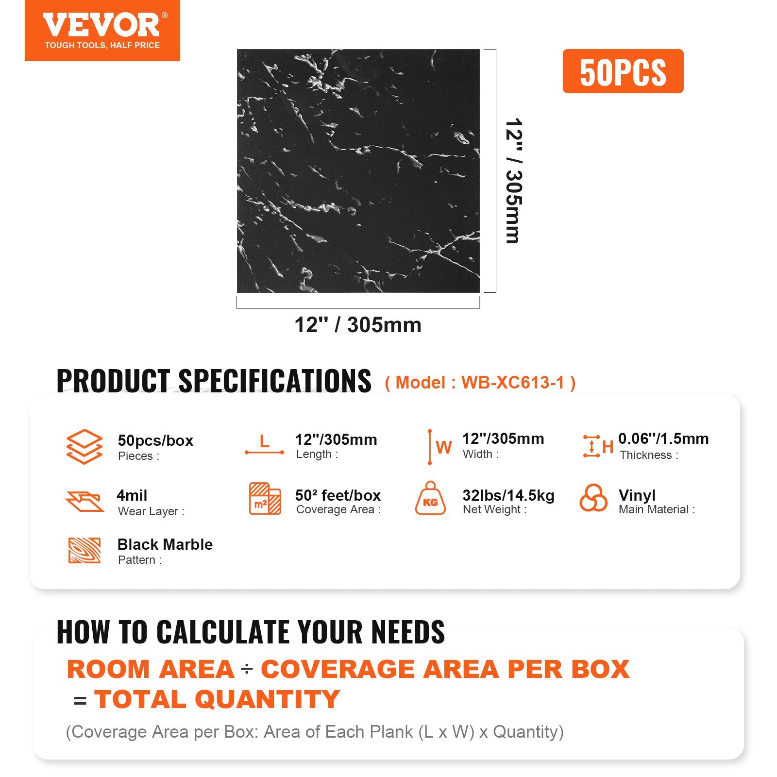 Flooring: VEVOR Self Adhesive Vinyl Floor Tiles 12 x 12 inch, 50 Tiles 1.5mm Thick Peel & Stick, Black Marble Texture DIY Flooring for Kitchen, Dining Room, Bedrooms & Bathrooms, Easy for Home Decor