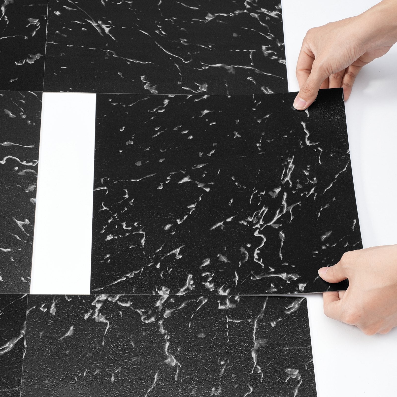 Flooring: VEVOR Self Adhesive Vinyl Floor Tiles 12 x 12 inch, 50 Tiles 1.5mm Thick Peel & Stick, Black Marble Texture DIY Flooring for Kitchen, Dining Room, Bedrooms & Bathrooms, Easy for Home Decor
