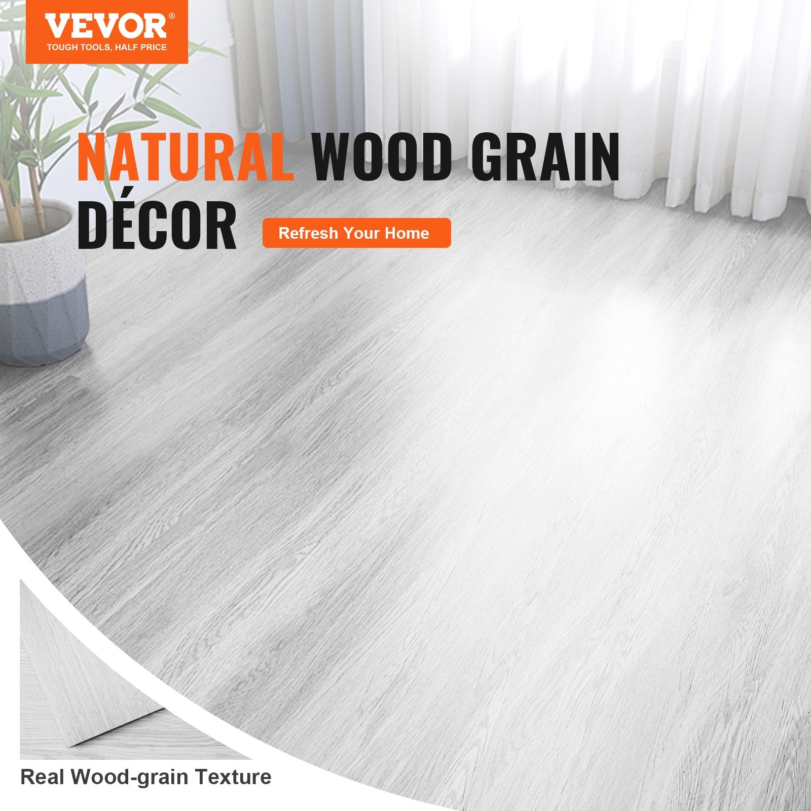 Flooring: VEVOR Self Adhesive Vinyl Floor Tiles 36 x 6 inch, 36 Tiles 2.5mm Thick Peel & Stick, Light Gray Wood Grain DIY Flooring for Kitchen, Dining Room, Bedrooms & Bathrooms, Easy for Home Decor