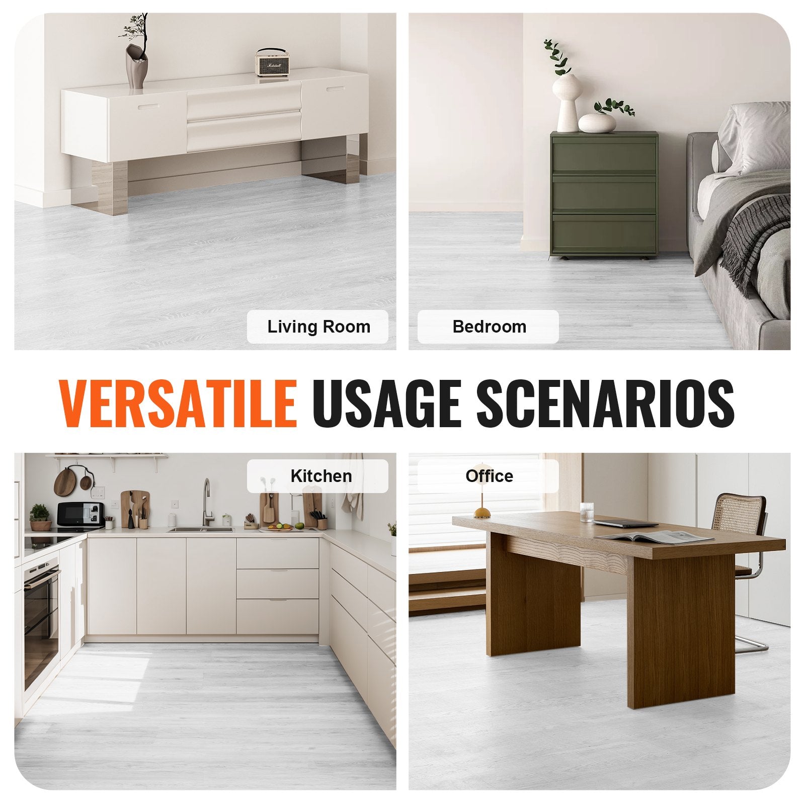 Flooring: VEVOR Self Adhesive Vinyl Floor Tiles 36 x 6 inch, 36 Tiles 2.5mm Thick Peel & Stick, Light Gray Wood Grain DIY Flooring for Kitchen, Dining Room, Bedrooms & Bathrooms, Easy for Home Decor