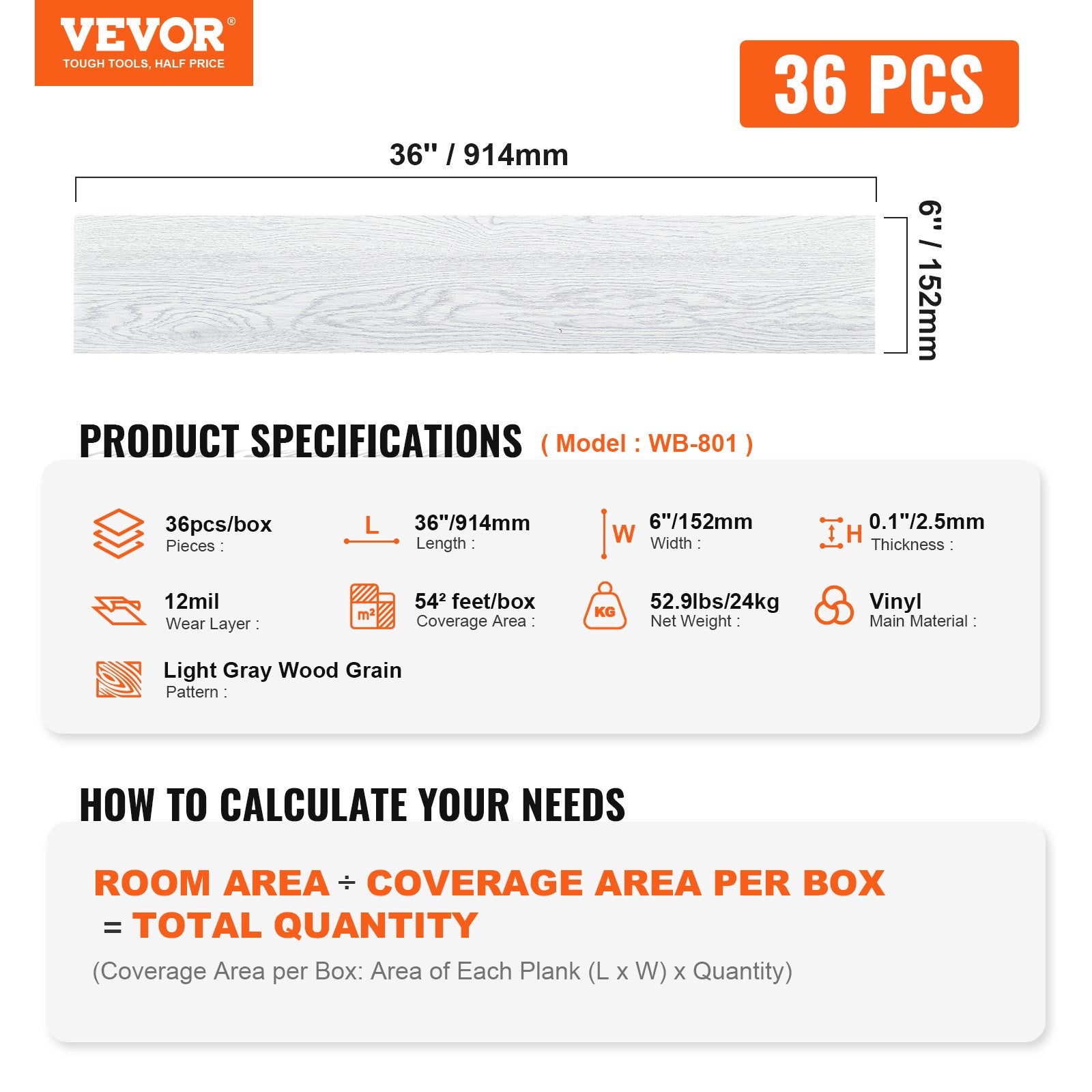 Flooring: VEVOR Self Adhesive Vinyl Floor Tiles 36 x 6 inch, 36 Tiles 2.5mm Thick Peel & Stick, Light Gray Wood Grain DIY Flooring for Kitchen, Dining Room, Bedrooms & Bathrooms, Easy for Home Decor