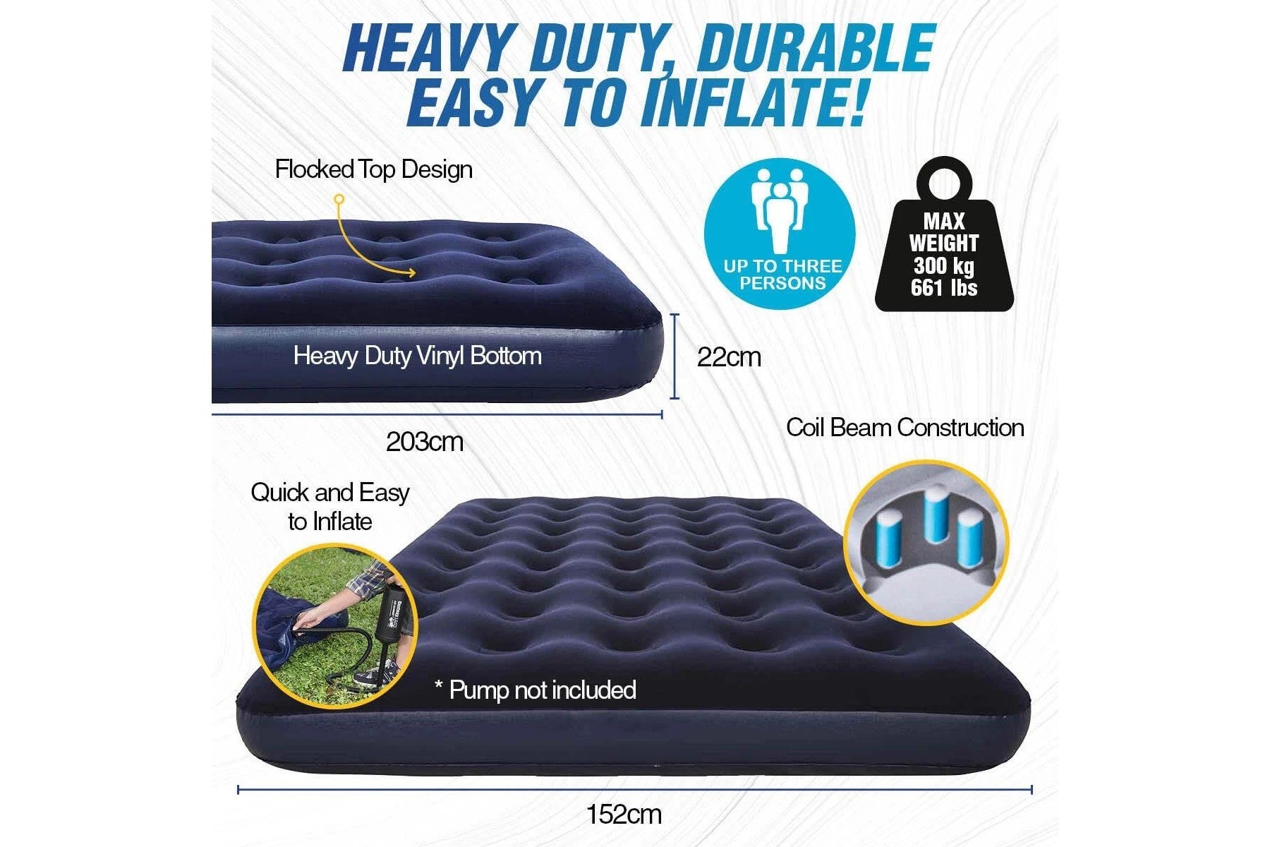 Inflatable Mattresses: Bestway 2.03m x 1.52m x 22cm Air Mattress Queen Inflatable Air Bed Indoor/Outdoor Heavy Duty Durable Camping