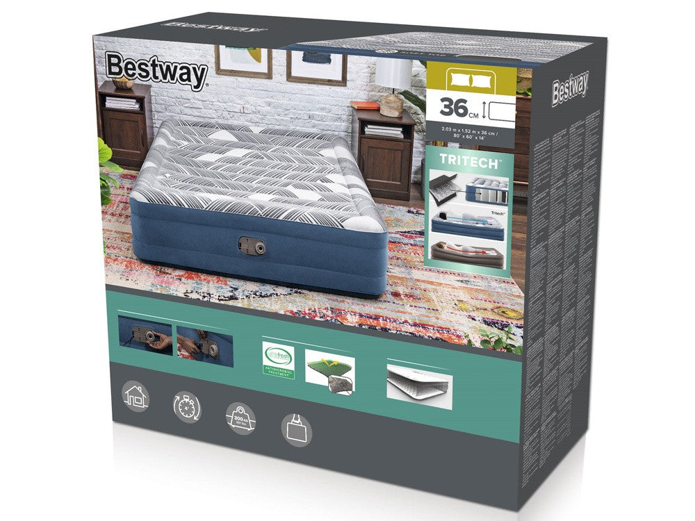 Inflatable Mattresses: Bestway 2.03m x 1.52m x 36cm Tritech Fashion Flock comfortable inflatable Air Mattress Queen Built-in AC Pump