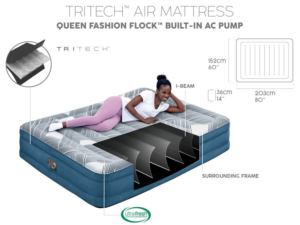 Inflatable Mattresses: Bestway 2.03m x 1.52m x 36cm Tritech Fashion Flock comfortable inflatable Air Mattress Queen Built-in AC Pump