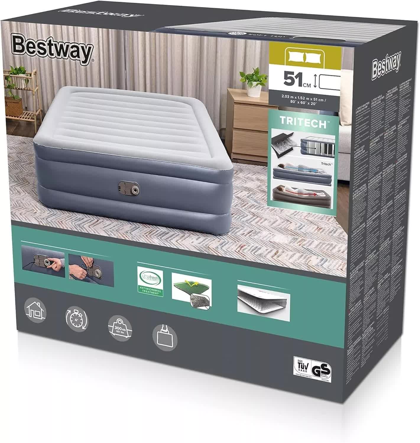Inflatable Mattresses: Bestway 2.03m x 1.52m x 51cm Tritech Air Inflatable Mattress Queen Built-in AC Pump