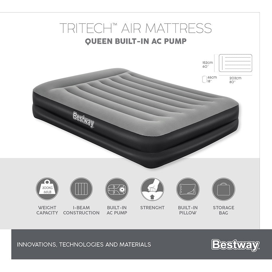 Inflatable Mattresses: Bestway 2.03m x 1.52m x 46cm Tritech Air Mattress Queen Built-in AC pump