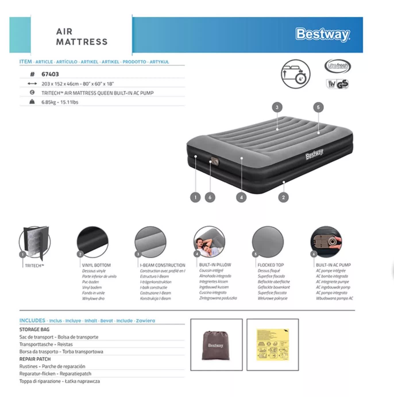 Inflatable Mattresses: Bestway 2.03m x 1.52m x 46cm Tritech Air Mattress Queen Built-in AC pump