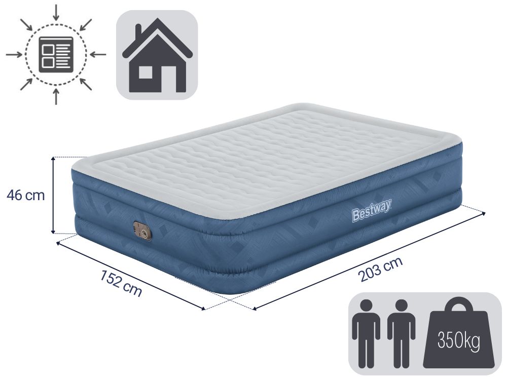 Inflatable Mattresses: Bestway 2.03m x 1.52m x 46cm Fortech Snugable Top Air Inflatable Mattress Queen Built-in AC Pump