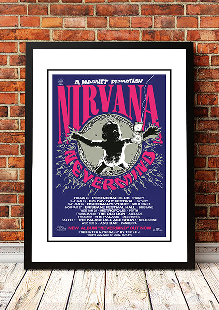 Posters, Paintings & Prints: Nirvana 'Nevermind' Australian Tour Poster 1992 - Framed A1