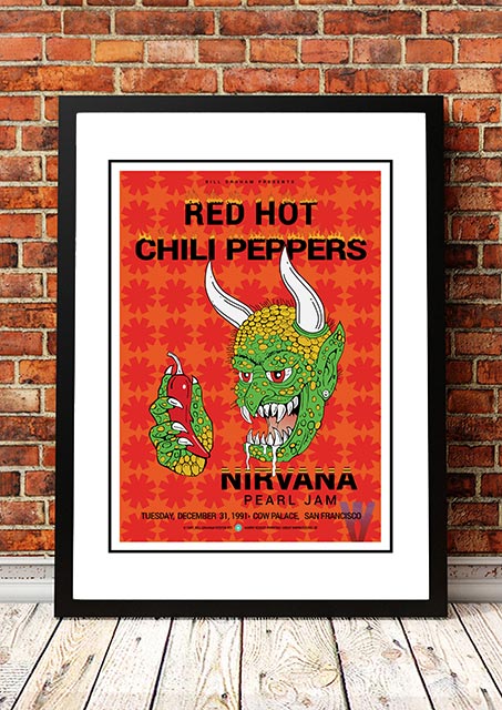 Posters, Paintings & Prints: Red Hot Chili Peppers / Nirvana / Pearl Jam ‘Cow Palace’ USA Concert Poster 1991 - Framed A4