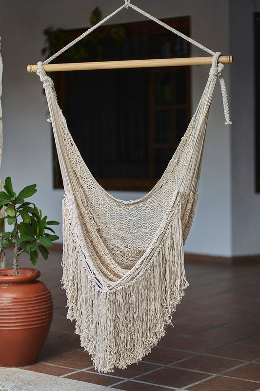 Hammocks & Accessories: Fringed Cotton Rope Mexican Hammock Swing from Mexico in Ivory