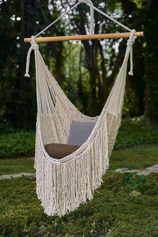 Hammocks & Accessories: Fringed Cotton Rope Mexican Hammock Swing from Mexico in Ivory