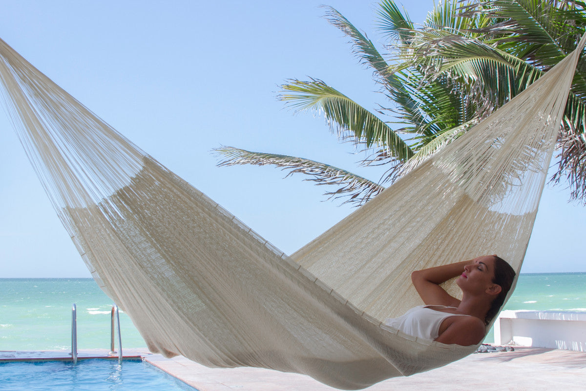 Hammocks & Accessories: Mayan Legacy Queen Size Super Nylon Mexican Hammock in Cream Colour