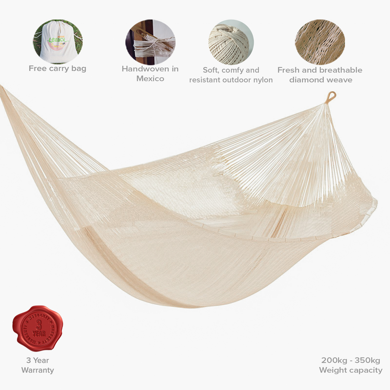 Hammocks & Accessories: Mayan Legacy Queen Size Super Nylon Mexican Hammock in Cream Colour
