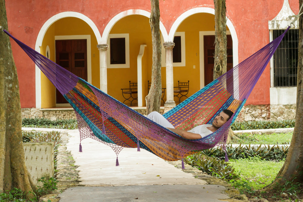 Hammocks & Accessories: Outdoor undercover cotton Mayan Legacy hammock with hand crocheted tassels King Size Colorina