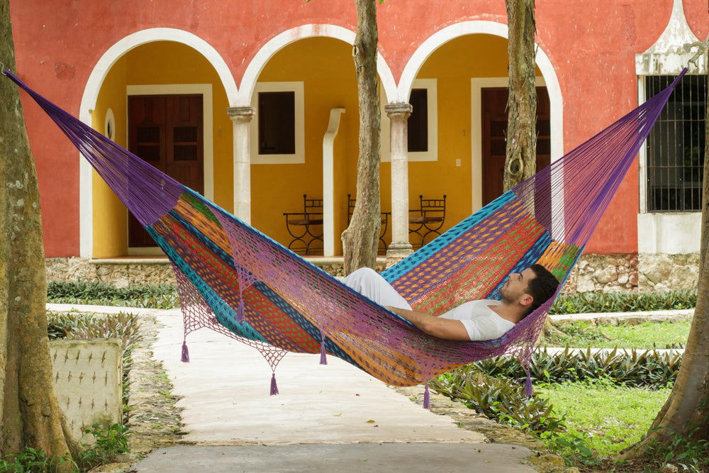 Hammocks & Accessories: Outdoor undercover cotton Mayan Legacy hammock with hand crocheted tassels King Size Colorina