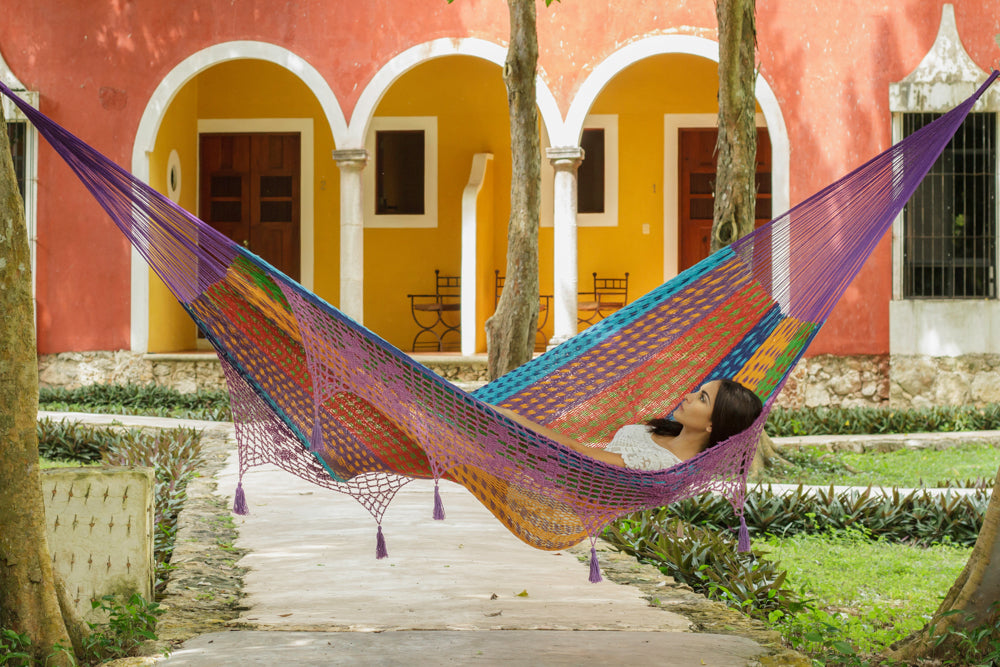 Hammocks & Accessories: Outdoor undercover cotton Mayan Legacy hammock with hand crocheted tassels King Size Colorina