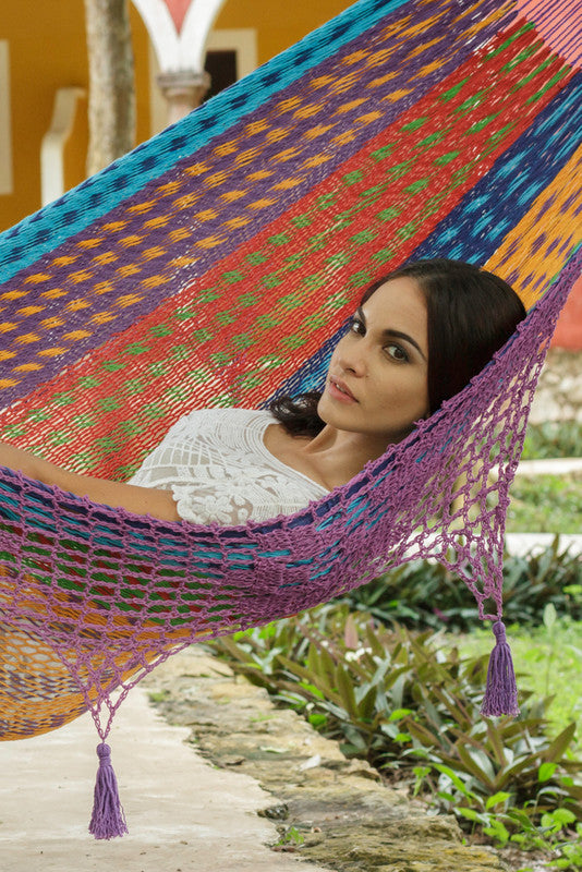 Hammocks & Accessories: Outdoor undercover cotton Mayan Legacy hammock with hand crocheted tassels King Size Colorina