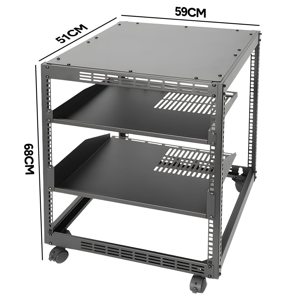 Alston 12U Open Frame Server Rack Hifi Device Rack with Vented Shelves Heavy Duty 4-Post AV/IT Network Rack Free Standing with Lockable Casters