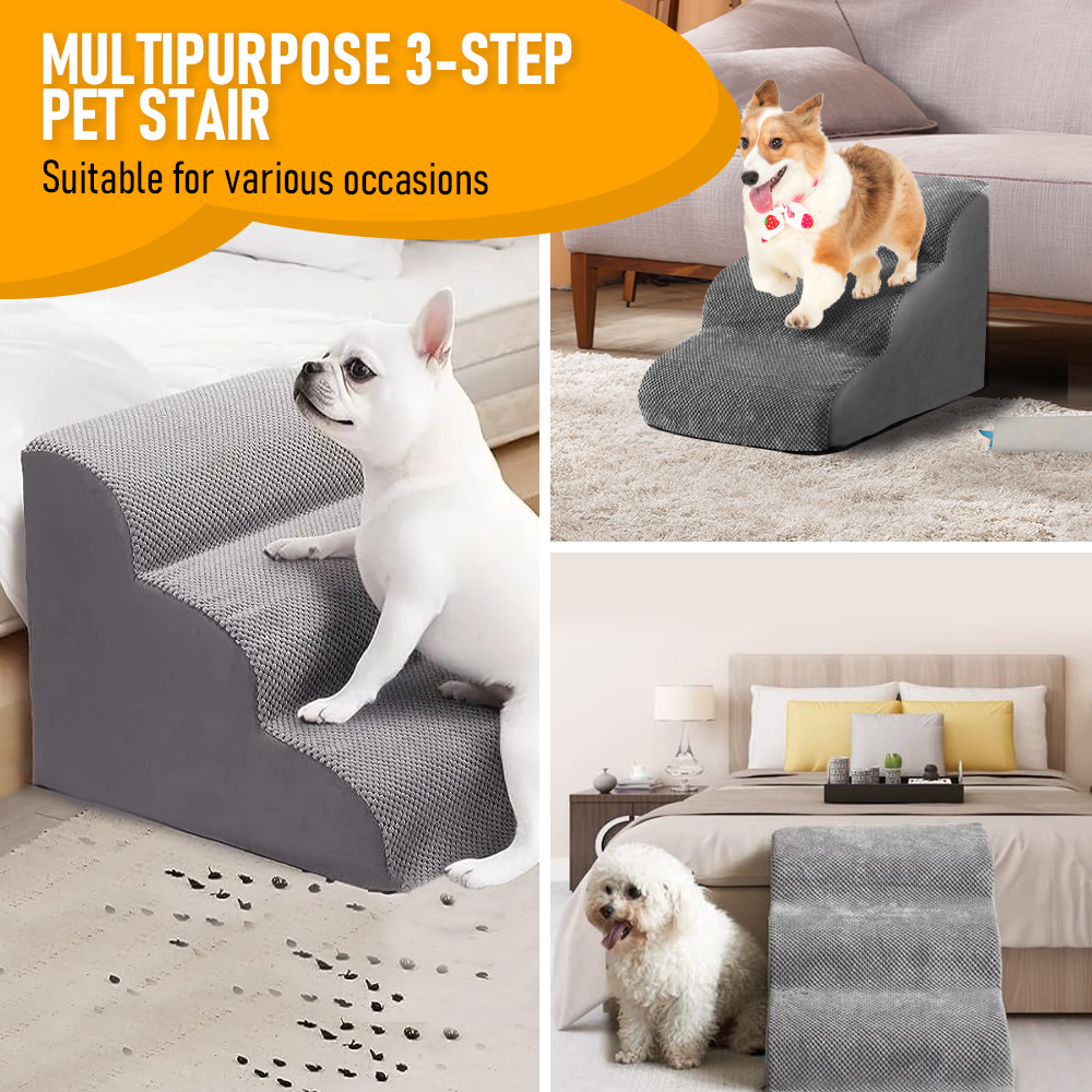 Dog Steps & Ramps: 3 Tiers Dog Ramp Non-Slip Pet Steps Cat Stairs Foam Soft Pet Slope Max 40LBS Load for High Beds Sofa Couches With Zippered Washable Corduroy Cover Indoor