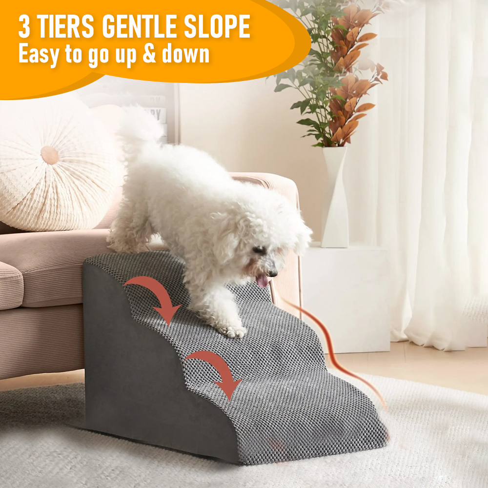 Dog Steps & Ramps: 3 Tiers Dog Ramp Non-Slip Pet Steps Cat Stairs Foam Soft Pet Slope Max 40LBS Load for High Beds Sofa Couches With Zippered Washable Corduroy Cover Indoor