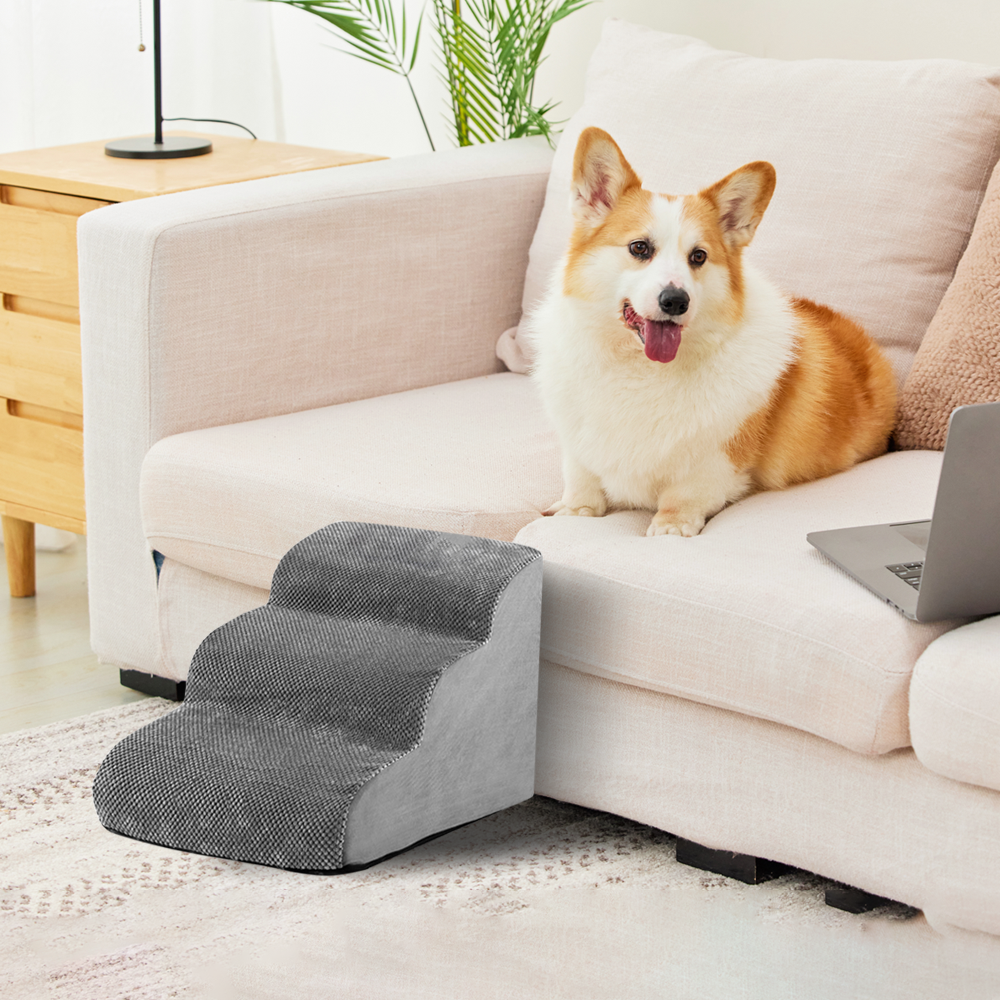 Dog Steps & Ramps: 3 Tiers Dog Ramp Non-Slip Pet Steps Cat Stairs Foam Soft Pet Slope Max 40LBS Load for High Beds Sofa Couches With Zippered Washable Corduroy Cover Indoor