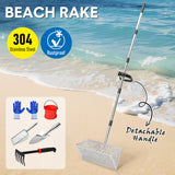 Outdoor Play Equipment: Beach Rake Stainless Steel Sand Flea Rake 140cm Long Detachable Handle and Shark Tooth Wide Sifter for Easy Sand Flea Removal with Bonus Basket and Tools
