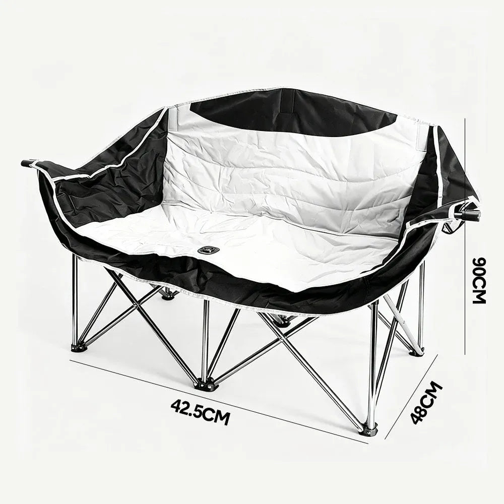 Double Camping Chairs Outdoor Lawn Camping Couch Heavy Duty Folding Chairs Strong Loading Capacity Metal Frame Oxford Fabric with Armrests and Cup Holders