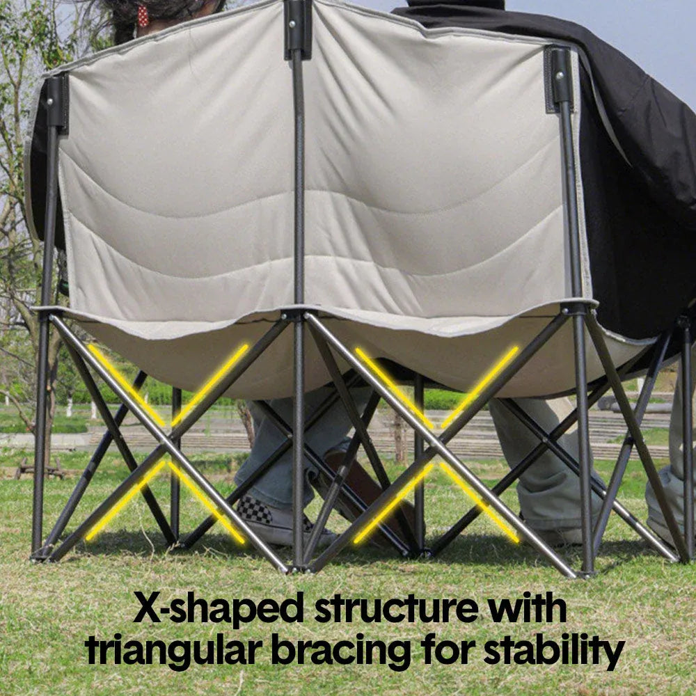 Double Camping Chairs Outdoor Lawn Camping Couch Heavy Duty Folding Chairs Strong Loading Capacity Metal Frame Oxford Fabric with Armrests and Cup Holders