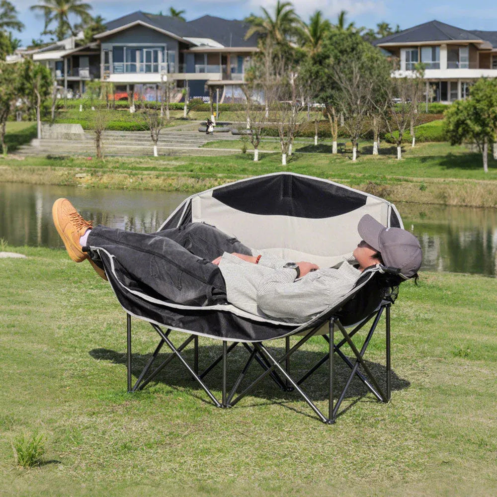 Double Camping Chairs Outdoor Lawn Camping Couch Heavy Duty Folding Chairs Strong Loading Capacity Metal Frame Oxford Fabric with Armrests and Cup Holders