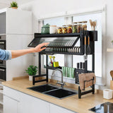 Kitchen & Dining Chairs: Over The Sink Dish Drying Rack Carbon Steel Dish Drainer Drying Rack 85cm Long Sink Caddy with Door and Multiple Utensils Holders Large Capacity