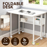 Desks: Compat Foldable Desk Rolling Study Desk Small Computer Desk with Wheels and Storage Shelf for Small Spaces Study Home Office Dorm Easy Assembly White