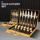 Cutlery: Gold Cutlery Set Kitchen Stainless Steel Fork Knife Spoon Flatware Cutlery Gift For Party Restaurant Dishwasher Safe 24pcs with Carry Box