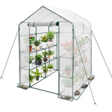 Greenhouses & Accessories: Greenhouse Walk-In Tunnel 3 Tier Planting Shelves 143x143x195cm Strong Stability with PE Cover Roll-up Zipper Door and Window for Outdoor Vegetable Plants
