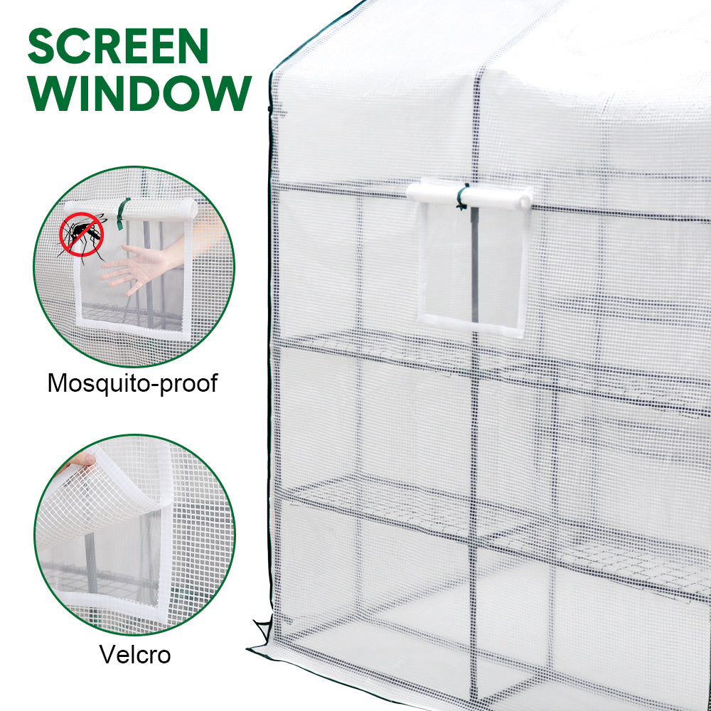 Greenhouse Walk-In Tunnel 3 Tier Planting Shelves 143x143x195cm Strong Stability with PE Cover Roll-up Zipper Door and Window for Outdoor Vegetable Plants